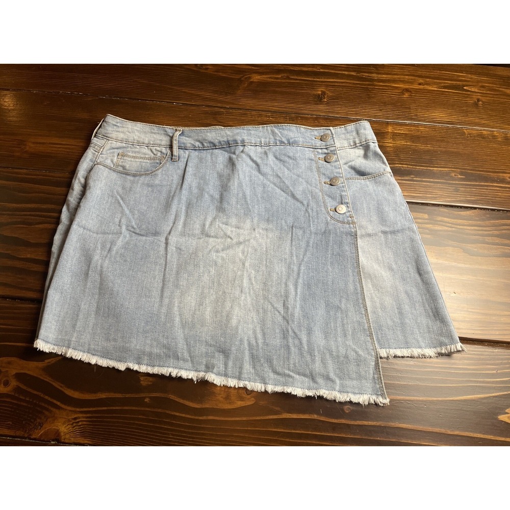 Energie Skirt Women's Size 19 Blue Jean Short Button Fly Faux Wrap Frayed Hem